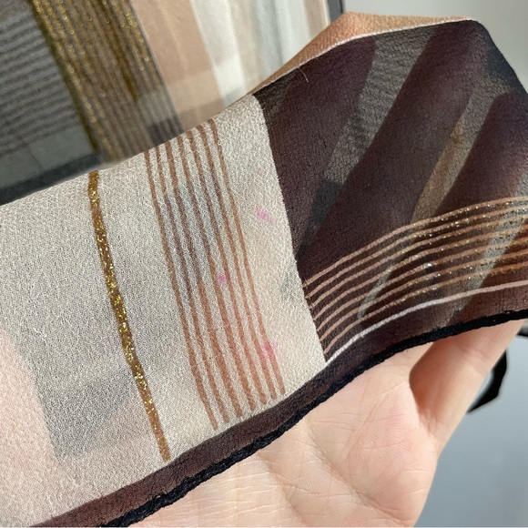 Halston Vintage Gold Metallic Plaid Silk Chiffon Long Scarf - Picture 6 of 8